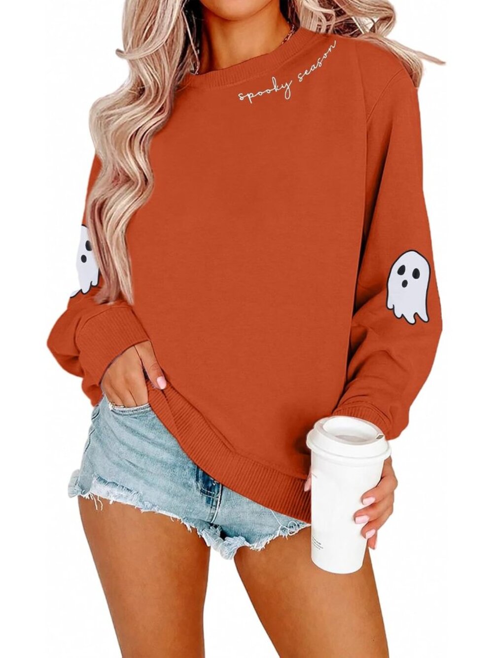 🆕 Women's Orange Spooky Season Ghost Sleeve Crewneck Halloween Sweatshirt Top